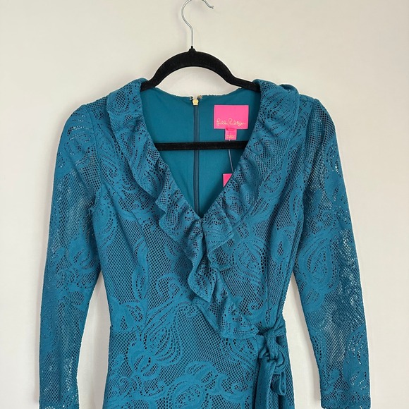 NWT Lilly Pulitzer Tiki Wrap Ruffle Romper Crochet Lace Long Sleeve Teal Blue XS - Picture 4 of 13
